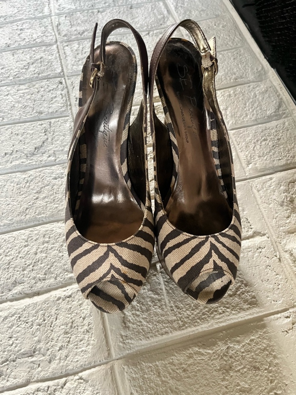Sergio Rossi Zebra-Print Beige and Black Slingback Peep-Toe Heels